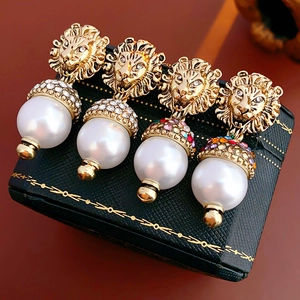 Lion Head Artificial Pearl Drop Earrings Retro Palace Style Alloy Rhinestone With Silver Earring Post For Women Jewelry