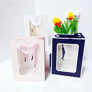 Gift Packaging Bag With Clear Window Cardboard Handbag For Wedding Party Bouquet Flower Portable Minimalist Marble Pattern