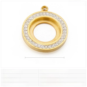 Macro view of 18mm gold stainless steel round pendant with zircon border details