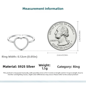 Size comparison of the S925 sterling silver heart ring with a coin showing 0.12cm width