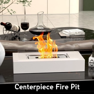 Rectangular white tabletop alcohol fireplace with glass shields on a marble coffee table