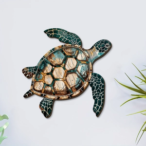 Decorazione da parete tartaruga in legno con motivi geometrici boho e toni blu oceano