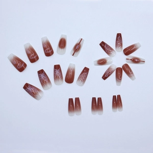 Brown gradient long coffin press-on nails with butterfly and snake patterns