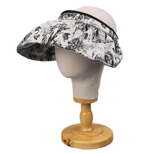 Women's Chinese-style sun visor with large brim and vintage landscape pattern print