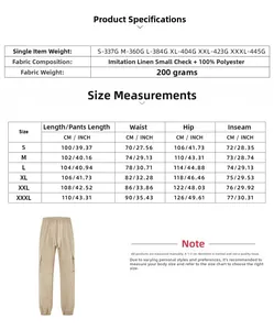 Detailed size chart and fabric specs for men's fashion cargo pants with drawstrings