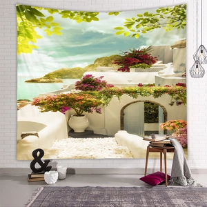 Detailed Mediterranean landscape tapestry with white Greek buildings and vibrant bougainvillea