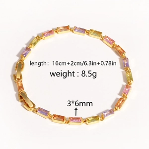 Bracciale tennis arcobaleno placcato oro 18K con zirconi rettangolari, lungo 16cm