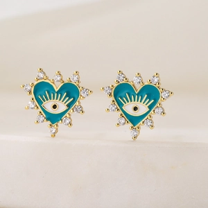 18K gold plated heart stud earrings with teal enamel eye and sparkling crystals