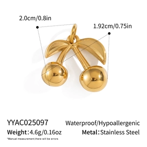 Detail view of 18K gold plated stainless steel cherry pendant with size and weight specs