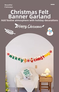 Detail of felt Merry Christmas banner with Santa Claus, deer, and warm light string decor