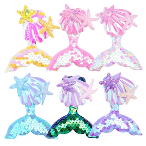 Kids Girls Mermaid Tail Sequin Hair Clips With Sparkly Shell Starfish Decor Colorful Alligator Hairpins