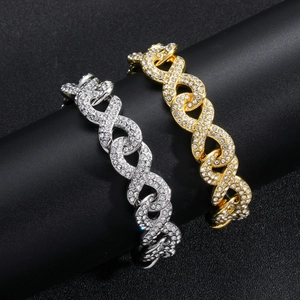 Iced-out Cuban chain bracelets in gold and silver with sparkling infinity 8-shaped links