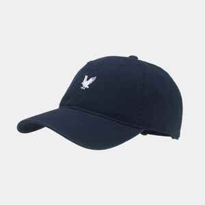 Detailed close-up of navy cotton baseball cap with white eagle embroidery on the front