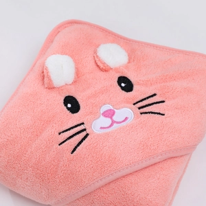 Thick pink coral fleece hooded baby towel with cute 3D ears and cartoon embroidery