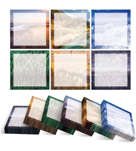 Detail view of 6 landscape sticky note pads with snowy forest and mountain scenery