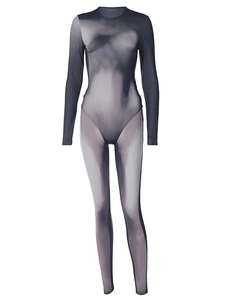 Detail view of the creative body shadow print on this black slim fit long sleeve jumpsuit
