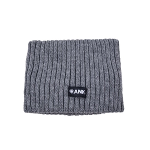 Grey ribbed knit headband with black CRANK letter patch, ideal for winter sports.