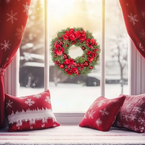 Christmas wreath sticker detail with red flowers and bow on a winter window background