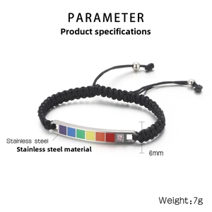 Detail of adjustable rainbow braided bracelet with stainless steel plate and small zirconia