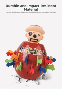 Detail of durable red pirate barrel toy showing 24 colorful swords and a pirate head