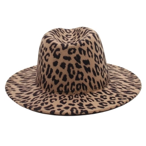 Close-up of leopard print wool fedora hat showing texture and flat wide brim
