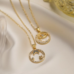 Evil Eye Star Moon Pendant Necklace 18K Gold Plated Copper Cubic Zirconia Chic Geometric Jewelry For Women