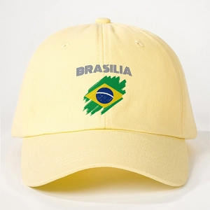 Adjustable cream cotton baseball cap featuring Brasilia print and Brazil flag graphic