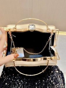 Pochette de soirée vintage champagne doré avec fermoir cristal, poignée et chaîne