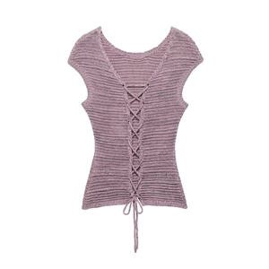 Detail view of purple knit sleeveless top featuring a backless cross-lace-up design
