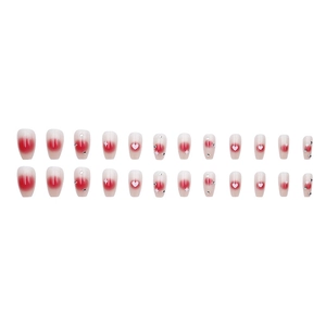 Set of 24 press-on nails in nude pink gradient with glitter hearts and rhinestones