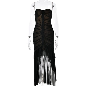 Elegant black strapless mesh midi dress with ruched details and irregular sheer hemline