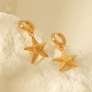 Starfish Pendant Hoop Earrings 18K Gold Plated Stainless Steel Hammered Texture Ocean Series French Style Jewelry