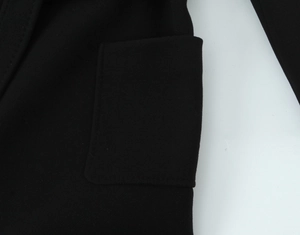 Close-up of the patch pocket and stitching detail on a black belted slim-fit coat