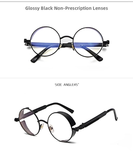 Steampunk round frame sunglasses featuring mechanical spring temples and side angle view