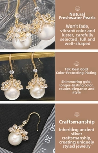 Detailed view of 18K gold plated flower earrings with natural pearls and zircon stones