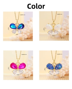 Detail showing four colorful zircon butterfly pendants with exact size and weight measurements