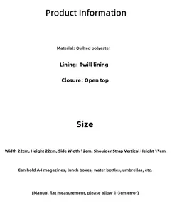 Detailed size chart and material specs for the quilted polyester checkered tote bag