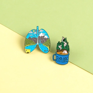 Lungs nature scenery and Explore camping mug enamel pins on a bicolored background