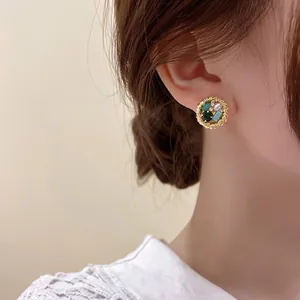 Round Vintage Stud Earrings Alloy Colorful Artificial Crystals Faux Artificial Pearl With Silver Earring Post For Women