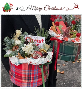 Close-up of red and green plaid Christmas flower gift boxes with pine and berries
