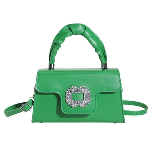 Fashion green leather crossbody bag with pleated handle and luxury crystal buckle