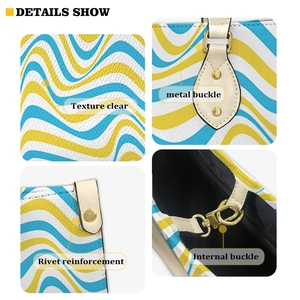 Detail view showing blue-yellow wave pattern, metal buckles, and rivet reinforcement on bag