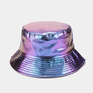 Detail of holographic purple and blue PU leather bucket hat with metallic finish and stitching