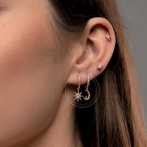 Elegant gold plated S925 star and moon asymmetric earrings set with sparkling zircon crystals