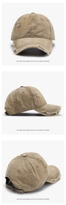 Three-angle view of khaki distressed baseball cap with ripped details and adjustable strap