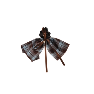 Brown and light blue plaid bow scrunchie with long ribbons and a gold charm