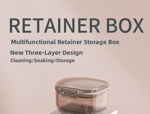 Detailed view of 3-layer brown transparent retainer box on a white geometric base