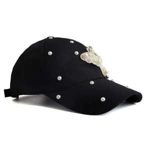 Black cotton baseball cap with pearls and rhinestone butterfly design for sun protection