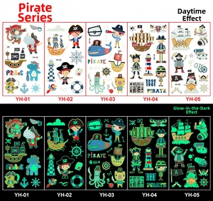 Glow in the dark pirate tattoos showing daylight effects and luminous night view