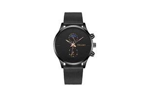 Macro detail of black Milanese mesh strap and multi-functional quartz watch face